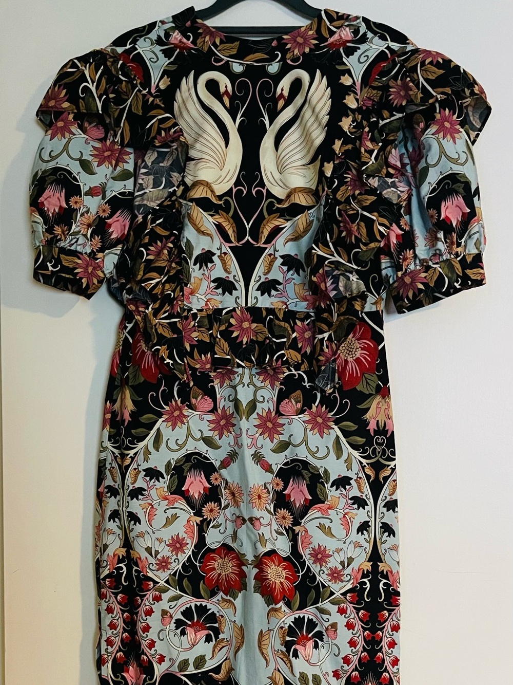 FARM Rio Black Floral Swan Midi Dress with Cream Swan Motif